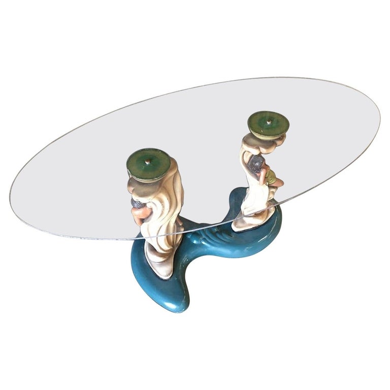 Rare Hawaiian Inspired Scuptural Chalkware Coffee Table w/ Man & Woman