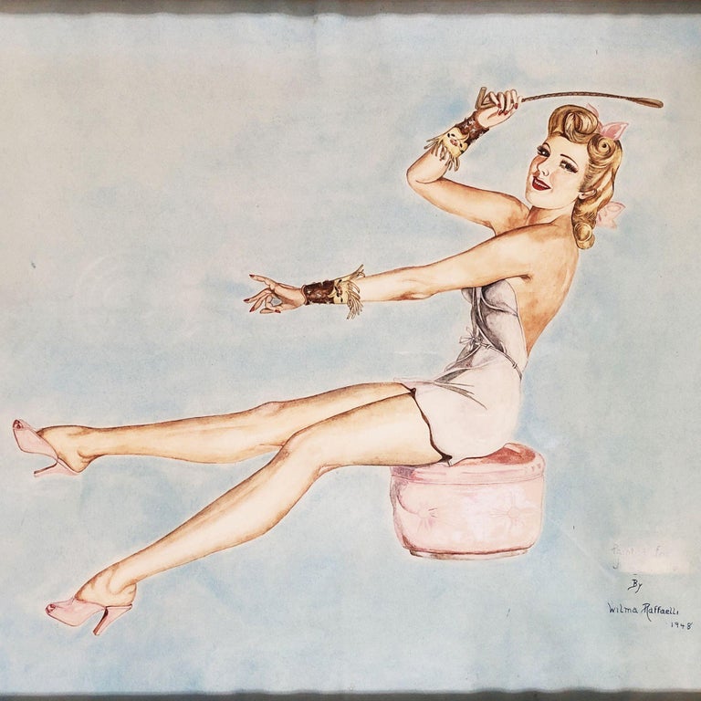 "Lady on Ottoman" Wood Framed Pinup Painting by Wilma Raffaelli, 1948.