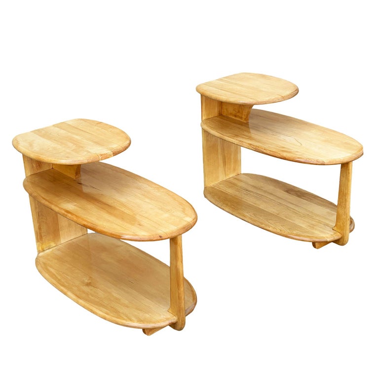 MCM C3753 3-Tier Blonde Surfboard End Table Pair by Heywood Wakefield, 1941