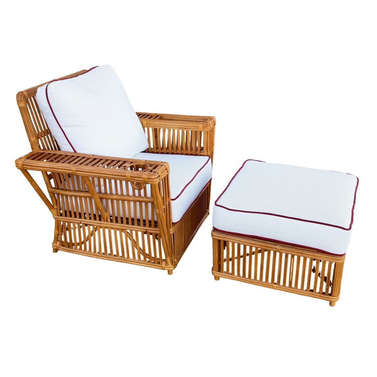 Art Deco Presidents Stick Reed Rattan Nantucket Lounge Armchair & Ottoman Set