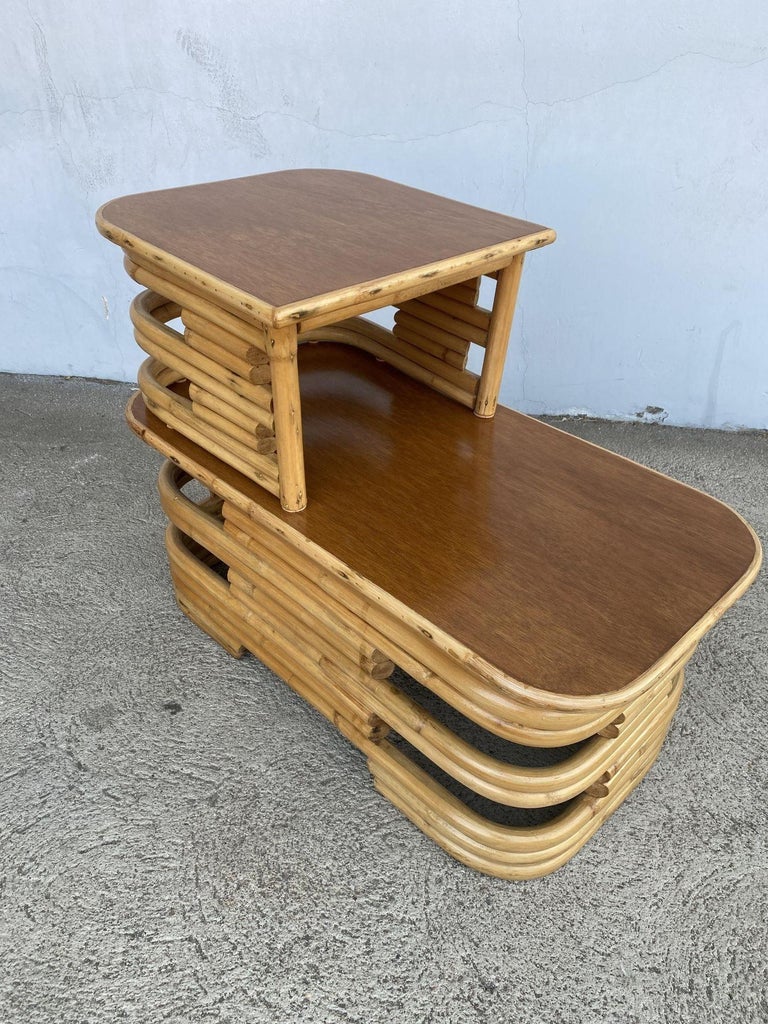 Restored Two-Tier Stacked Rattan Side Table with Mahogany Tops, Pair