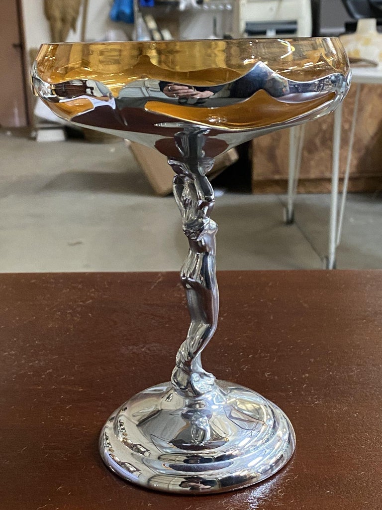 Chrome Farberware Nude Women Art Deco Compote w/ Amber Glass Cup