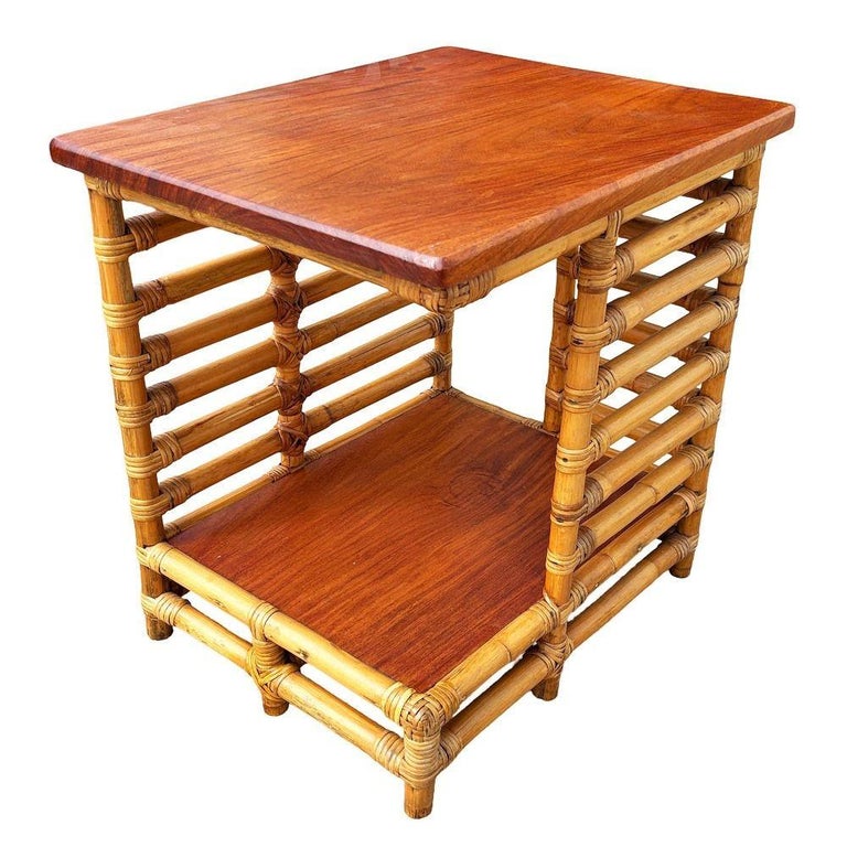 Restored Rattan "Jacob's Ladder" Storage Side Table with Mahogany Top