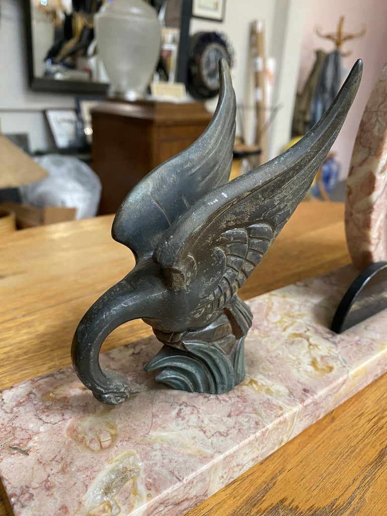 French Art Deco UCRA Bronze Swan Marble Mantle Garniture Clock Set by Marefbay