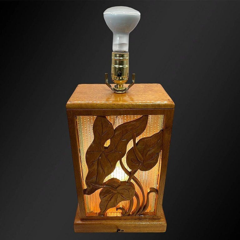 Restored Mid-century Hawaiian Carved Mango Wood Panel Lantern Table Lamps, Pair
