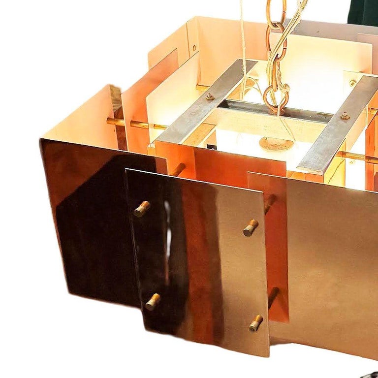 MCM Floating Panel "Cityscape" Brutalist Copper Chandelier By Robert Sonneman