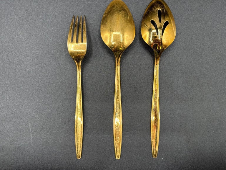 Modernist Pattern Gold Plated Stainless Flatware Set of 92 by 1847 Rogers Bros