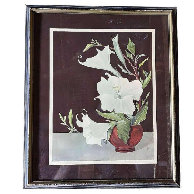 Ikebana Arranged White Petunia Foral Scenic Lithograph by Lithoin, Framed