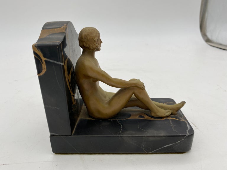 French Nude Flapper Girl Spelter Metal & Marble Bookend Pair, 1920