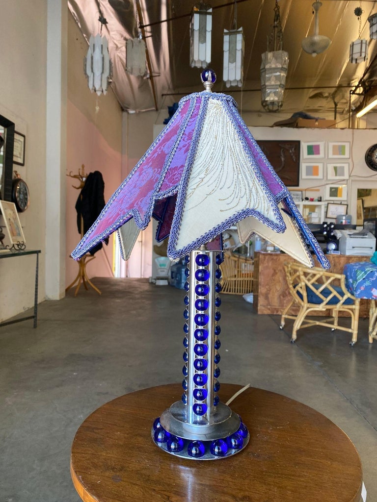 Chromed Steel and Cobalt Marble Art Deco Lamp
