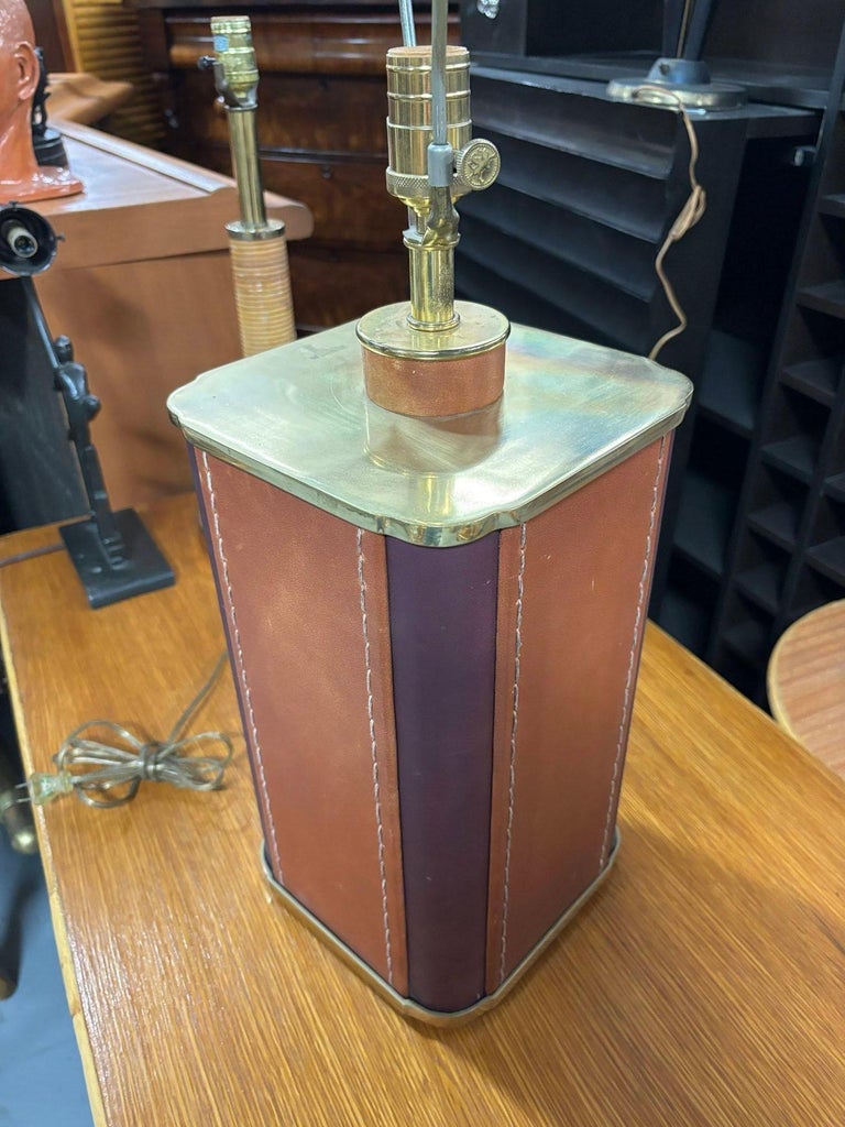 Two-Toned Square Leather Wrapped Table Lamp with Gold Trim