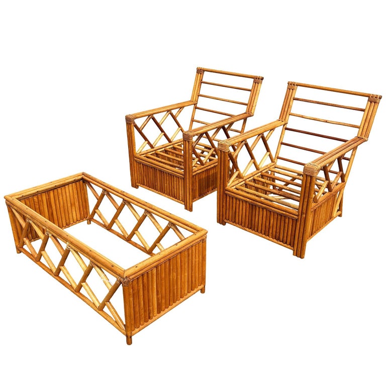 Heywood Wakefield "Oak Rattan" Lounge Chair Pair w/ Coffee Table