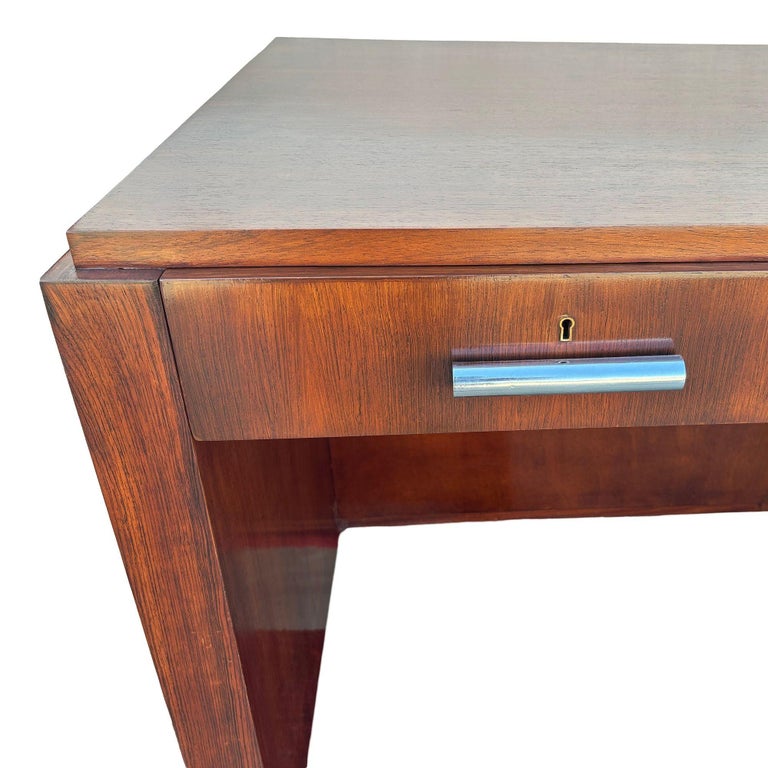 1930s Restored French Art Deco Mahogany and Chrome Executive Desk w/ Bookshelves