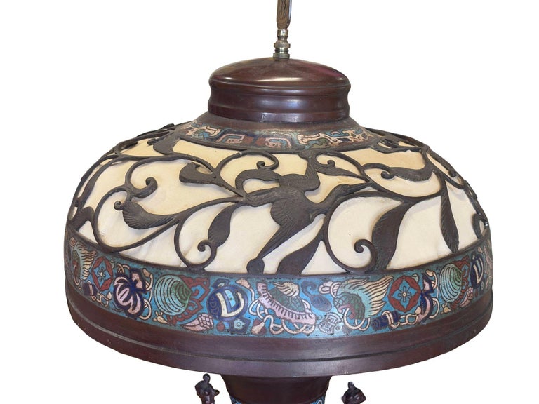 1910 Meiji Period Japanese Cloisonné Lamp with Wrought Iron and Enamel Shade