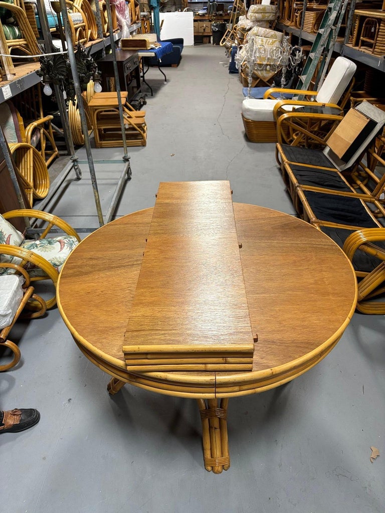 Restored Round Rattan & Mahogany Dining Table W/ Leaf