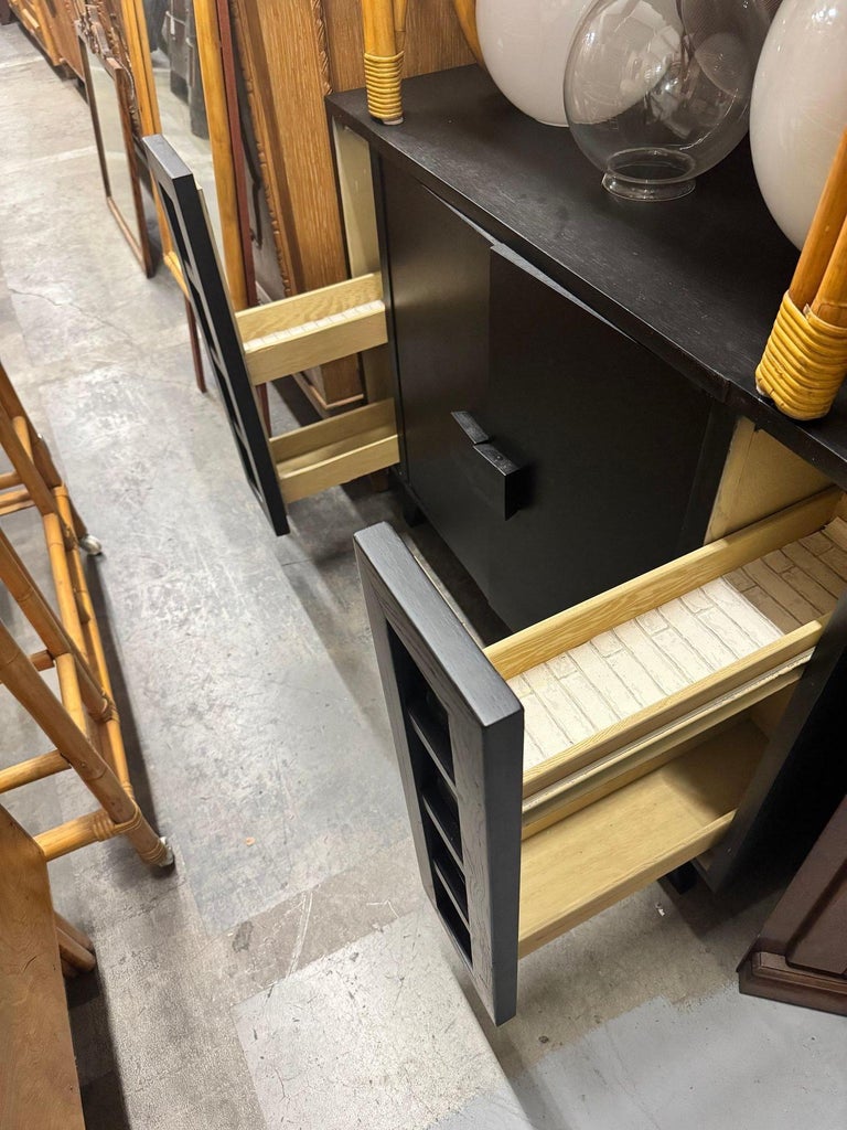 Mid Century James Mont Styled Black Lacquered & Glass Bar Cabinet & TV Stand