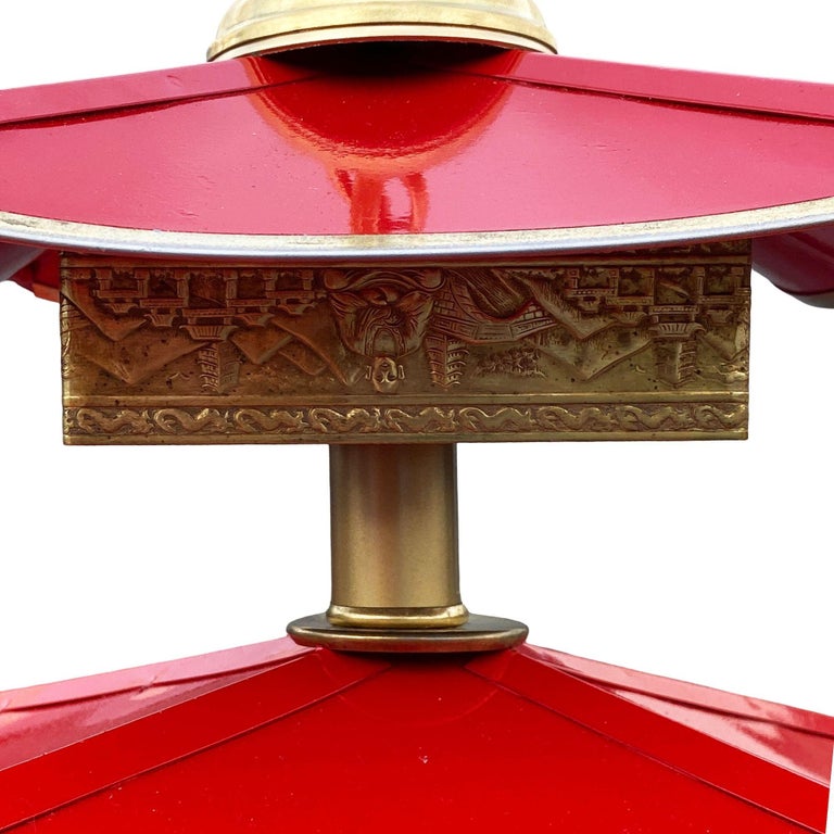 Mid-Century Pagoda Enameled Red Metal & Gold-Tone Tole Chinoiserie Chandelier
