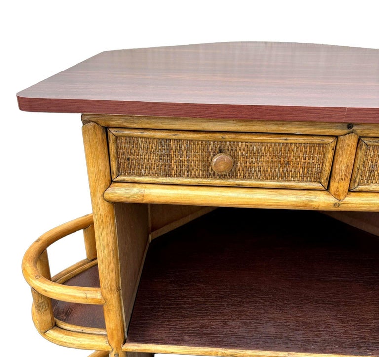 Restored Mid-century Sailboat Ships Bow Shaped Stacked Rattan Dry Bar