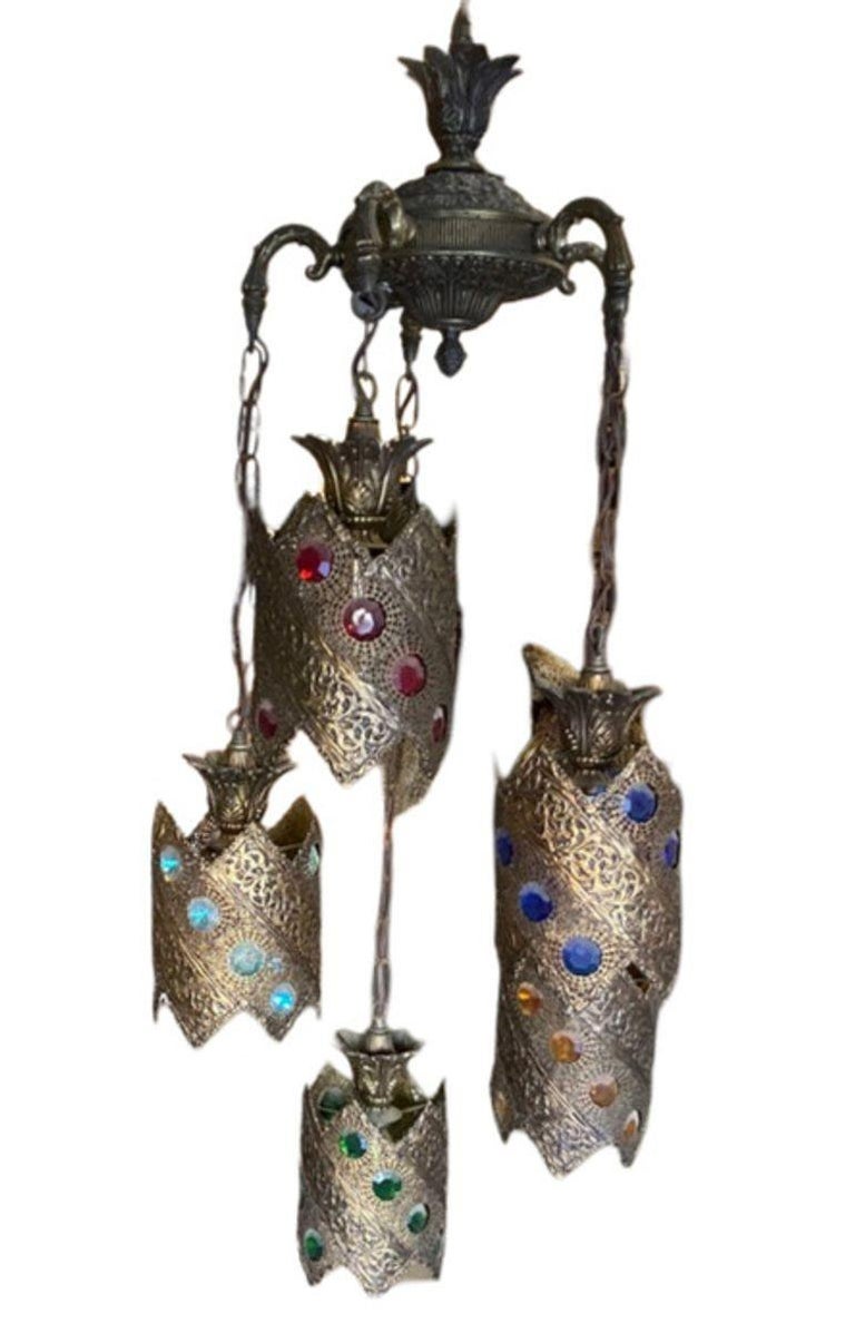 Hollywood Regency Jewel Prisms Filigree 5 Light Hanging Chandelier, Circa 1950