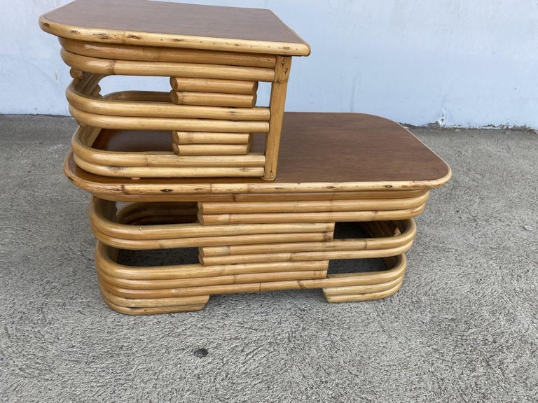 Restored Two-Tier Stacked Rattan Side Table with Mahogany Tops, Pair
