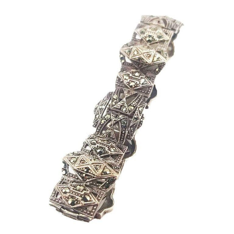 Sterling Silver French Paste Marcasite Jewelry Set, Brooch, Bracelet, Earrings