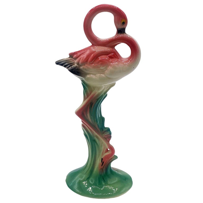 Matching Mid-century Pink Flamingo Ceramic Tabletop Statue Set By Brad Kealer