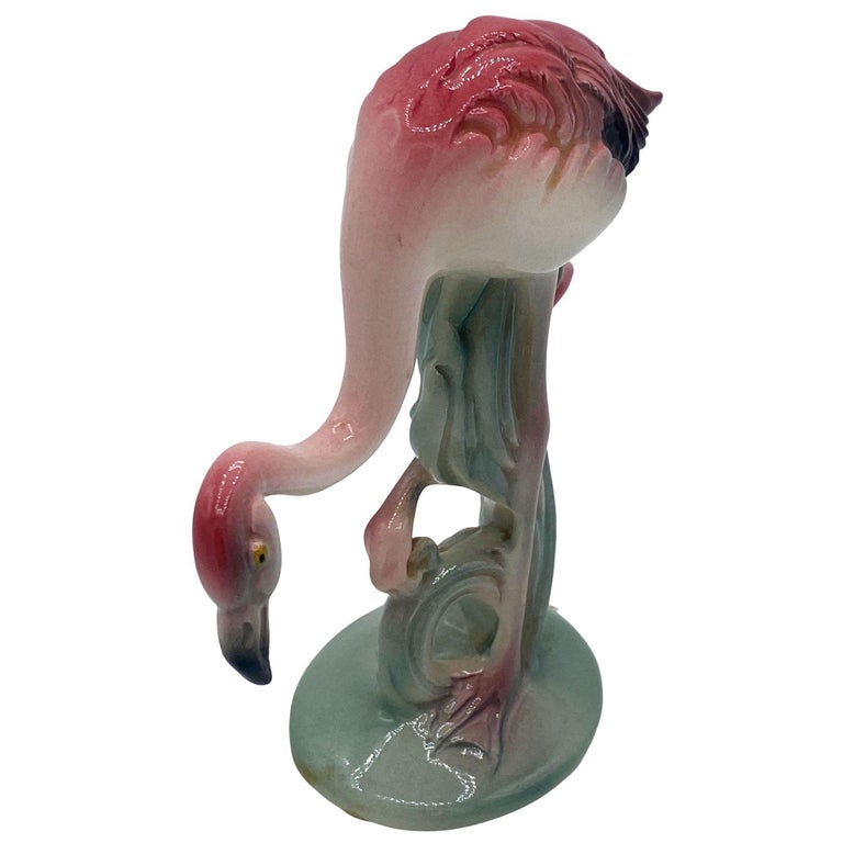 Mid-century Pink & Green Flamingo Ceramic Tabletop Sculpture Pair By Brad Keeler