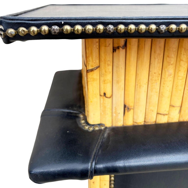 Restored Stacked Front Stacked L Shaped Rattan Bar w/ Nailhead Naugahyde Top