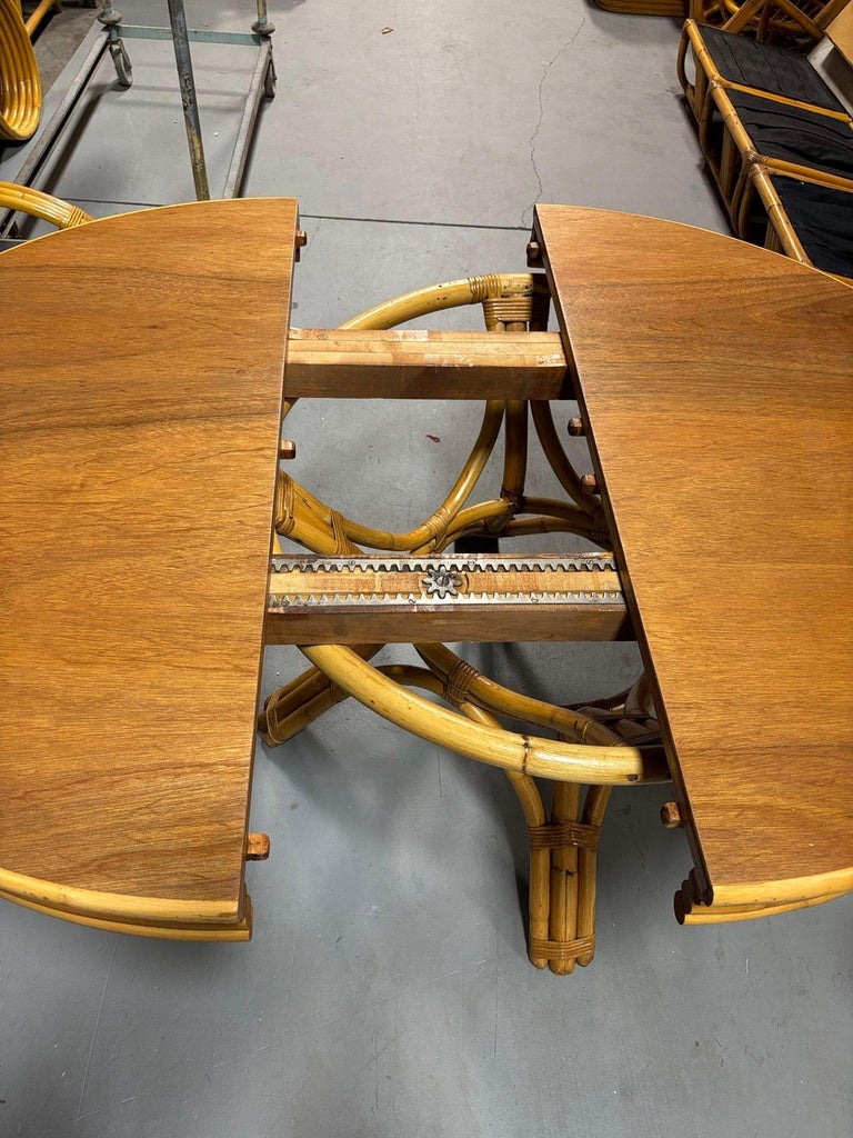 Restored Round Rattan & Mahogany Dining Table W/ Leaf