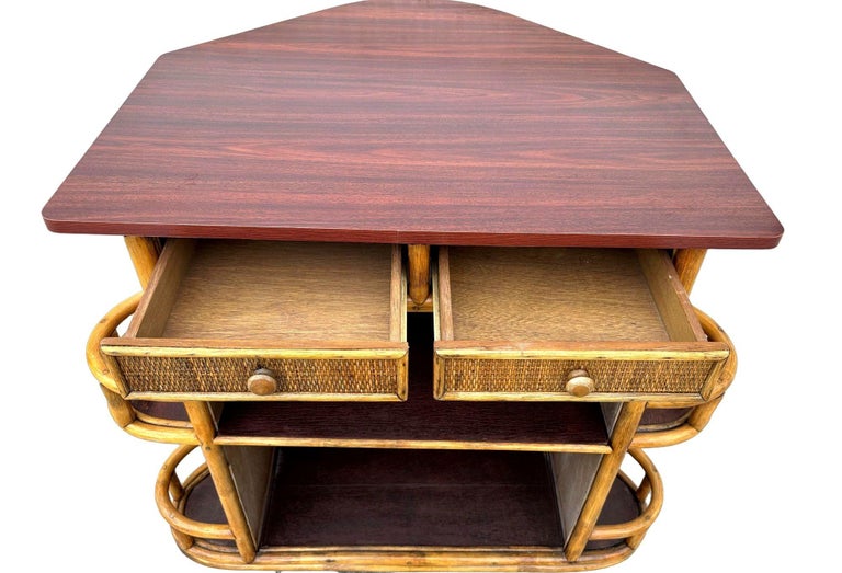 Restored Mid-century Sailboat Ships Bow Shaped Stacked Rattan Dry Bar