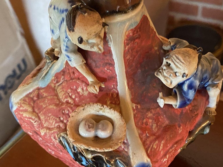 Japanese Sumida Ware Vase with Two Men on Rocky Ledge by Inoue Ryosai II