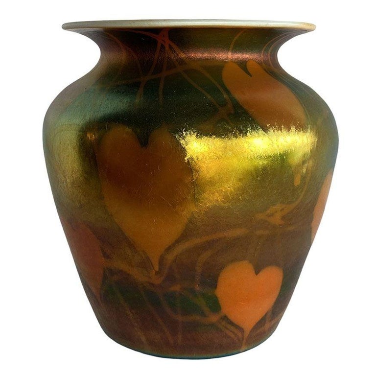 Rare Early 20th Iridescent Handblown Heart & Vine Vase Set by Imperial