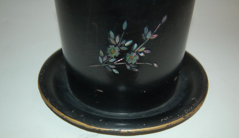 Vintage Post War Japanese Black Aboloni Round Tea Caddie Canister