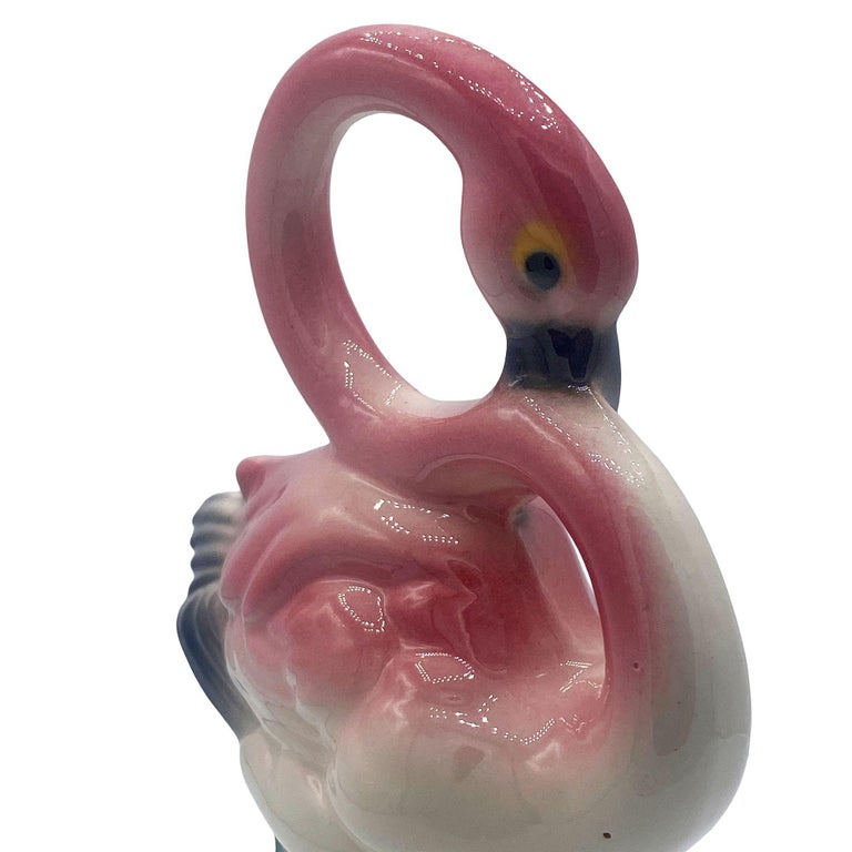 Matching Mid-century Pink Flamingo Ceramic Tabletop Statue Set By Brad Kealer