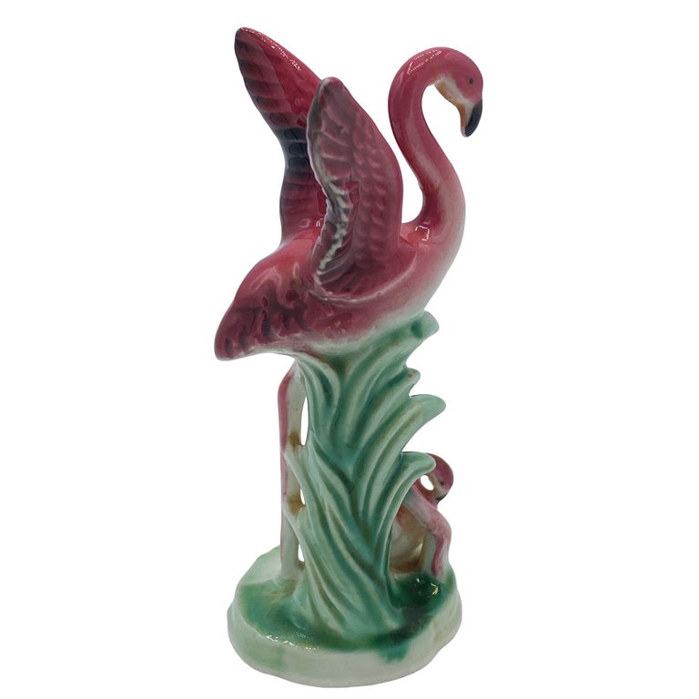 Mid-century Ceramic Miniature Pink Flamingo Tabletop Statue By Leftons