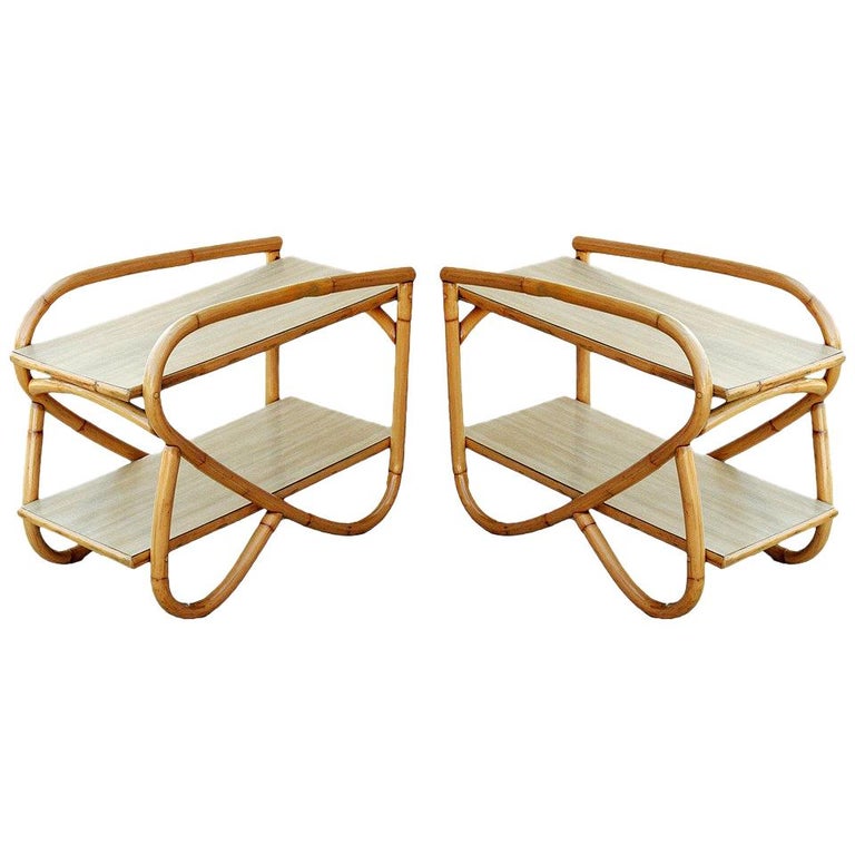 Restored Rattan Side Table with Two-Tier Formica Tops, Pair