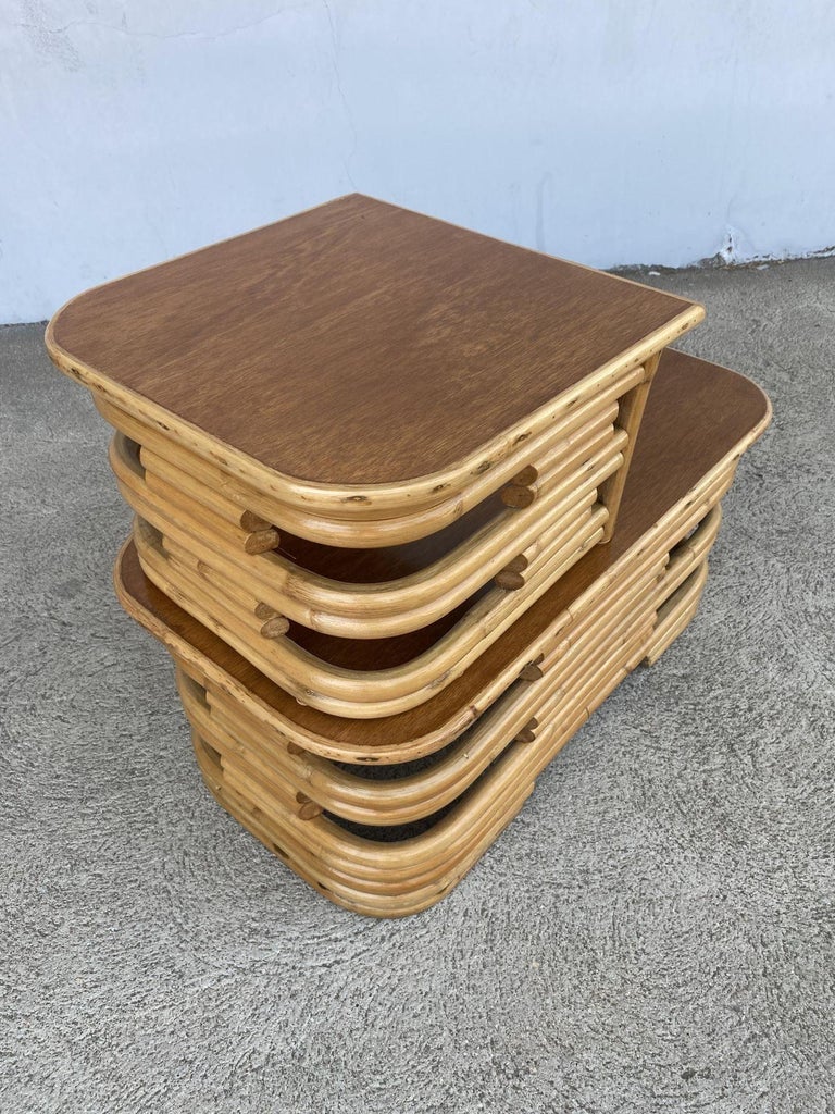 Restored Two-Tier Stacked Rattan Side Table with Mahogany Tops, Pair