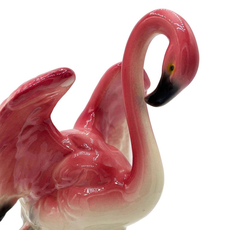 Mid-century Ceramic Flamingo Figurine Set in Tropical Pond Tray by Maddux