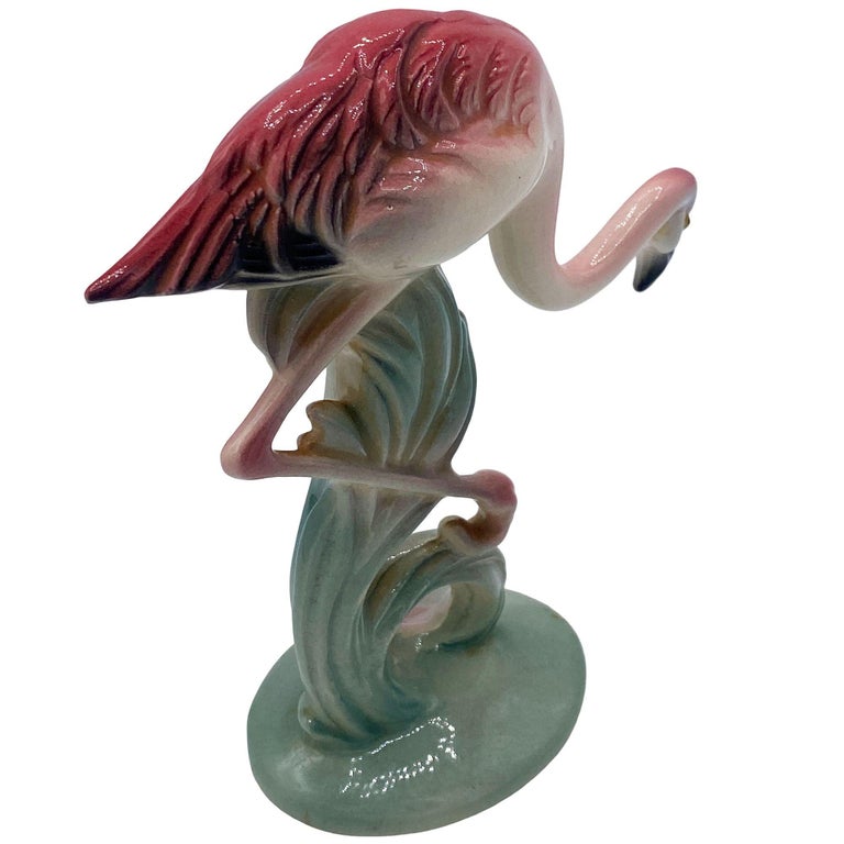 Mid-century Pink & Green Flamingo Ceramic Tabletop Sculpture Pair By Brad Keeler