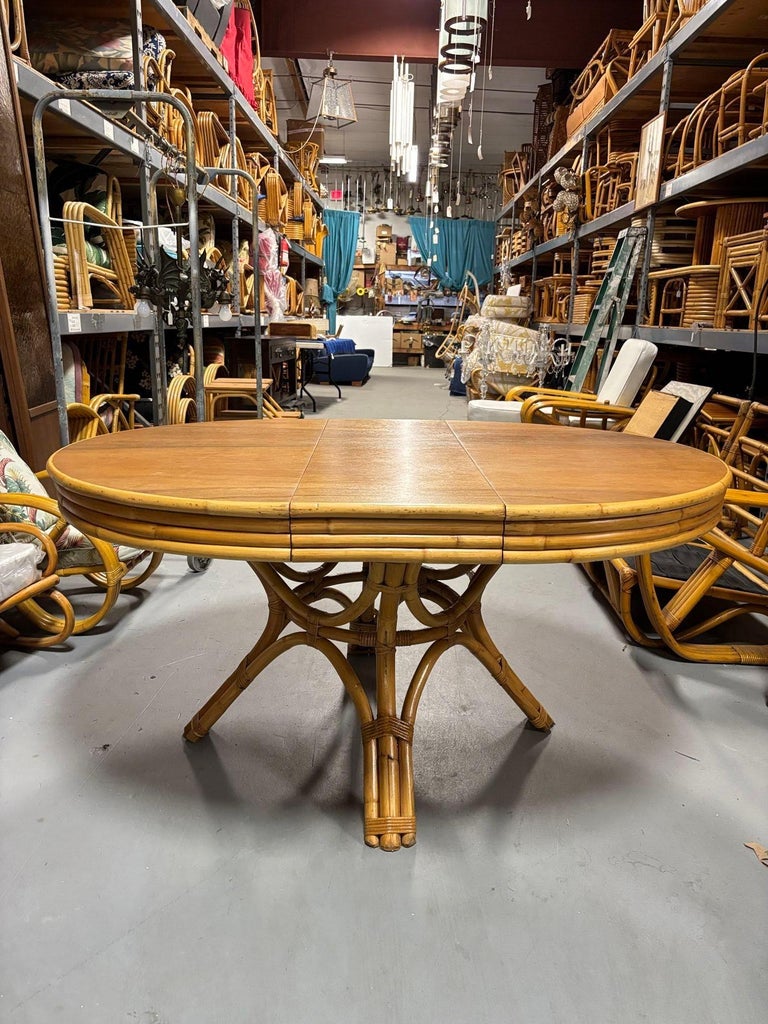 Restored Round Rattan & Mahogany Dining Table W/ Leaf