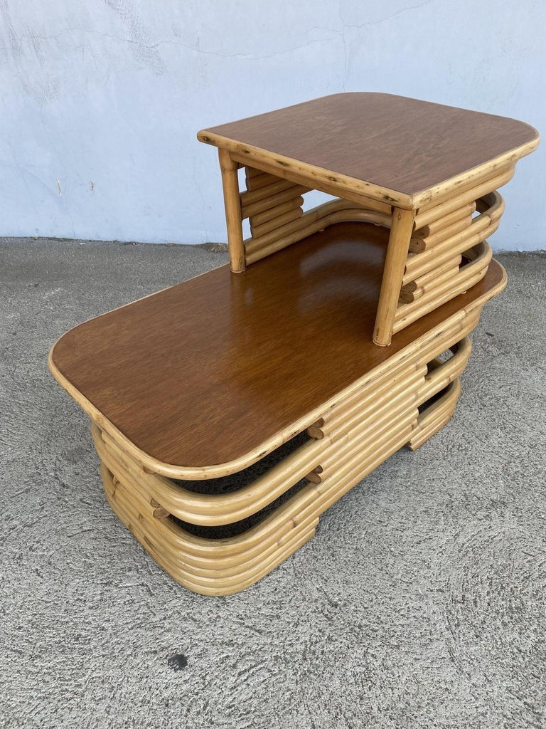 Restored Two-Tier Stacked Rattan Side Table with Mahogany Tops, Pair