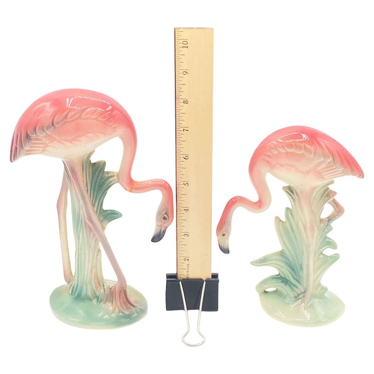 Mid-century Pink Drinking Flamingo Ceramic Tabletop Sculpture Set By Brad Keeler