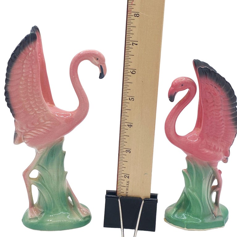 Mid-century Ceramic Mid Flight Pink Flamingo Tabletop Statue Set By Leftons