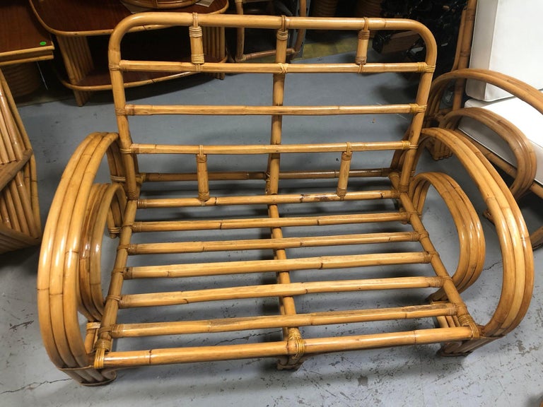 Restored Mid-century Rattan Double Horseshoe Settee Sofa, Pair