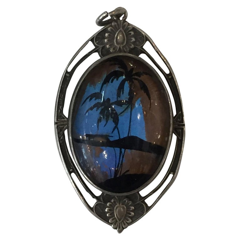 Sterling Pendant with Hand Painted Landscape on a Butterfly Wing