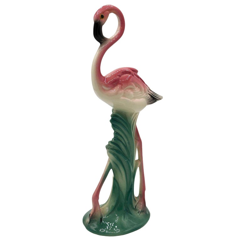 Mid-century Ceramic Flamingo Figurine Set in Tropical Pond Tray by Maddux