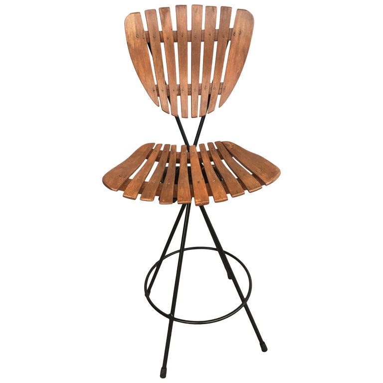 Arthur Umanoff Style Slate Bar Stool with Black Wrought Iron Base