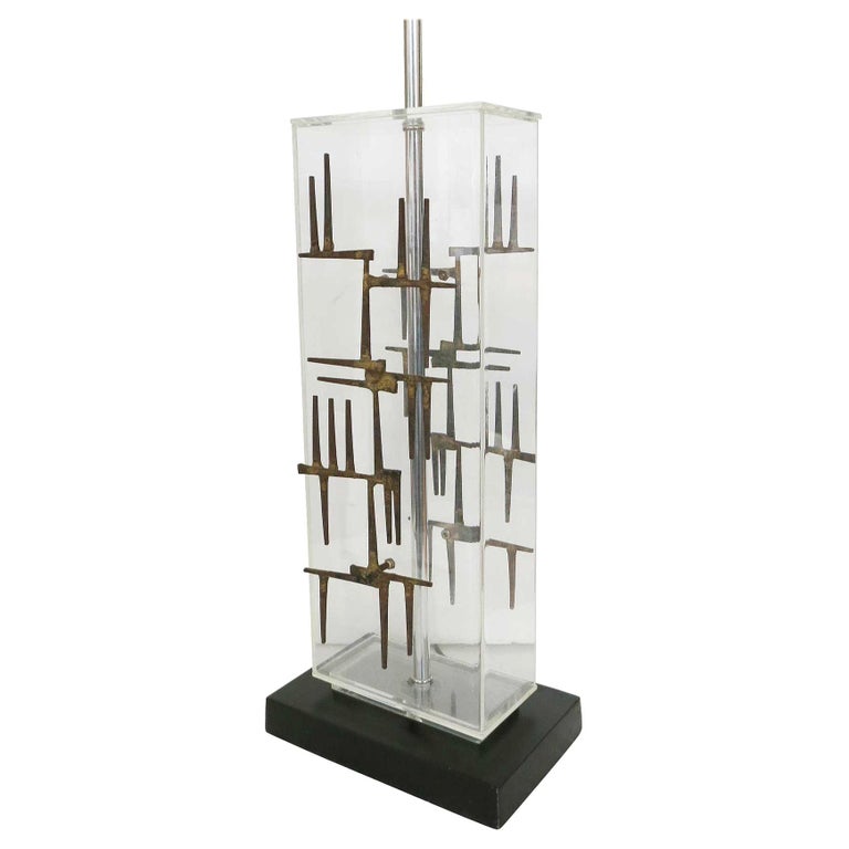 Brutalist Nail Sculptural Lucite Table Lamp by Laurel