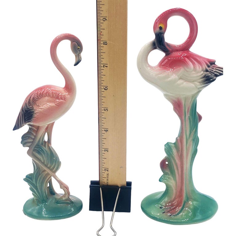 Matching Mid-century Pink Flamingo Ceramic Tabletop Statue Set By Brad Kealer