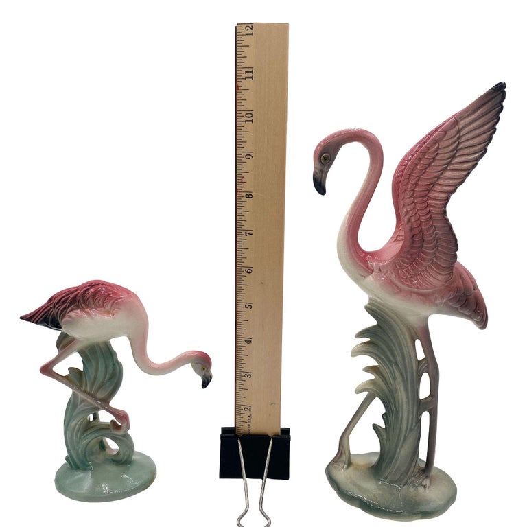 Mid-century Pink & Green Flamingo Ceramic Tabletop Sculpture Pair By Brad Keeler